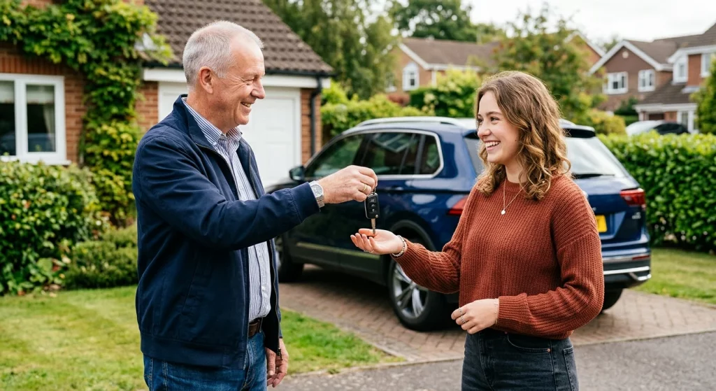 Person handing car keys to someone else